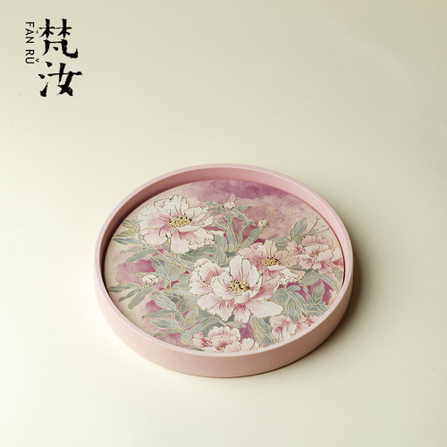 梵汝粉彩手绘粉牡丹吸水茶盘高颜值陶瓷干泡盘茶壶盖碗托盘小茶台