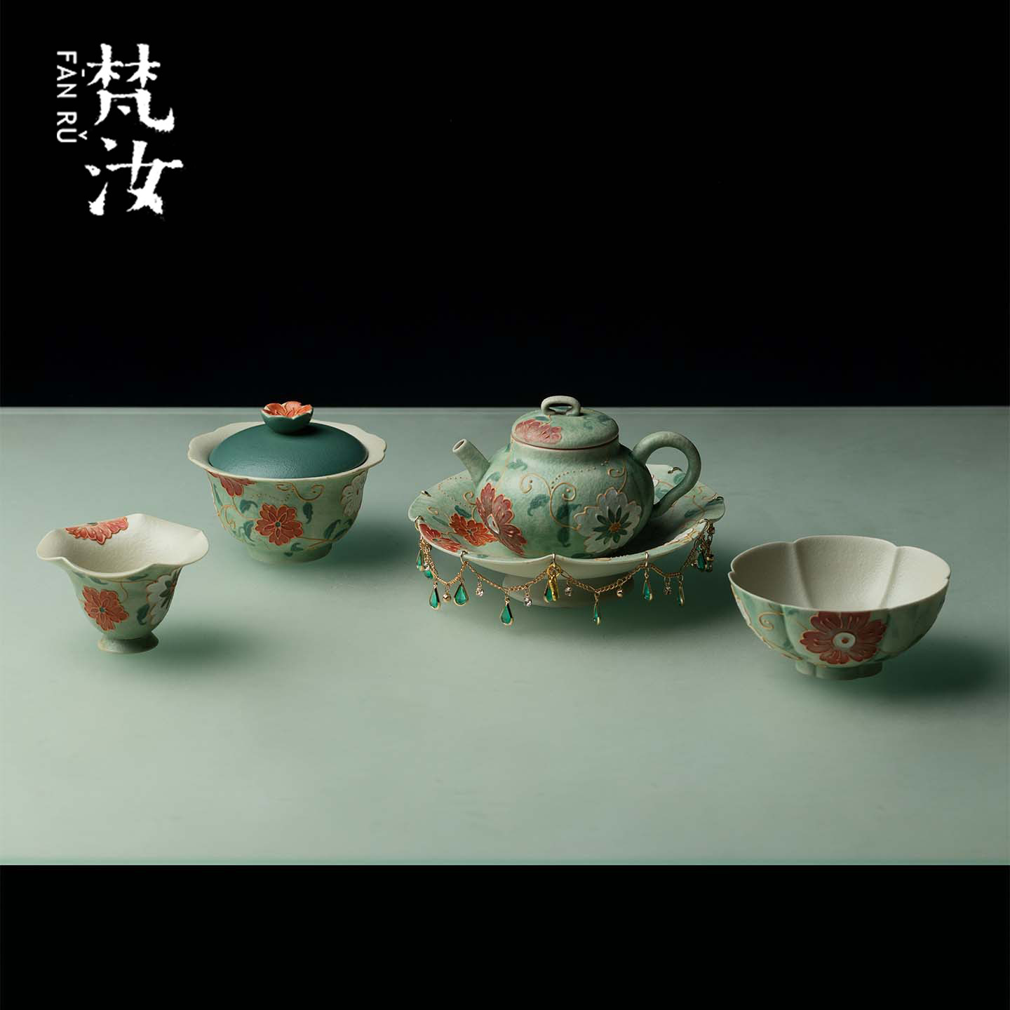 梵汝原创手绘碧野绯花茶杯主人杯茶壶盖碗陶瓷釉下彩女士功夫茶具