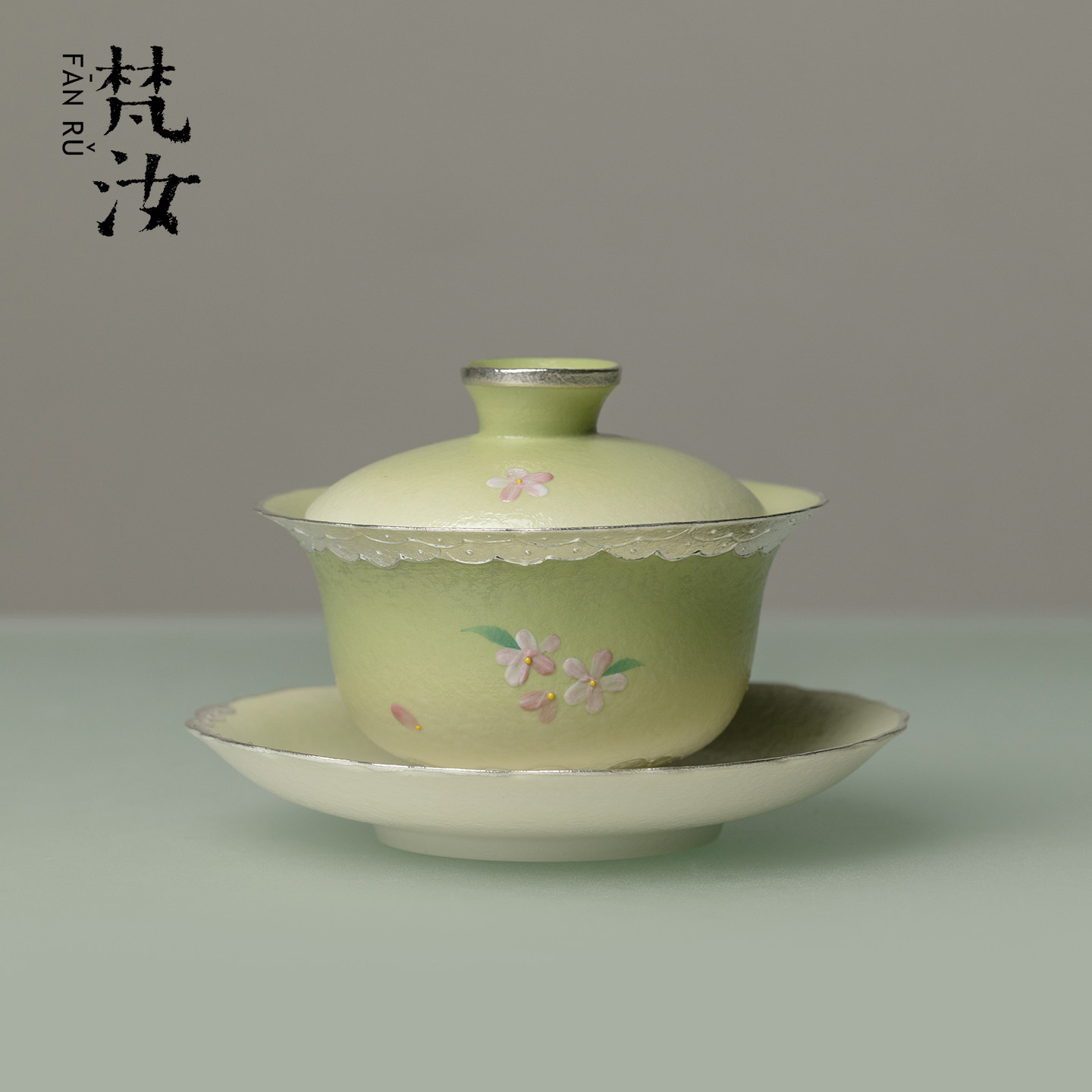 梵汝手绘花间春桃三才盖碗非遗鎏银女士单个泡茶碗陶瓷沏茶杯茶具