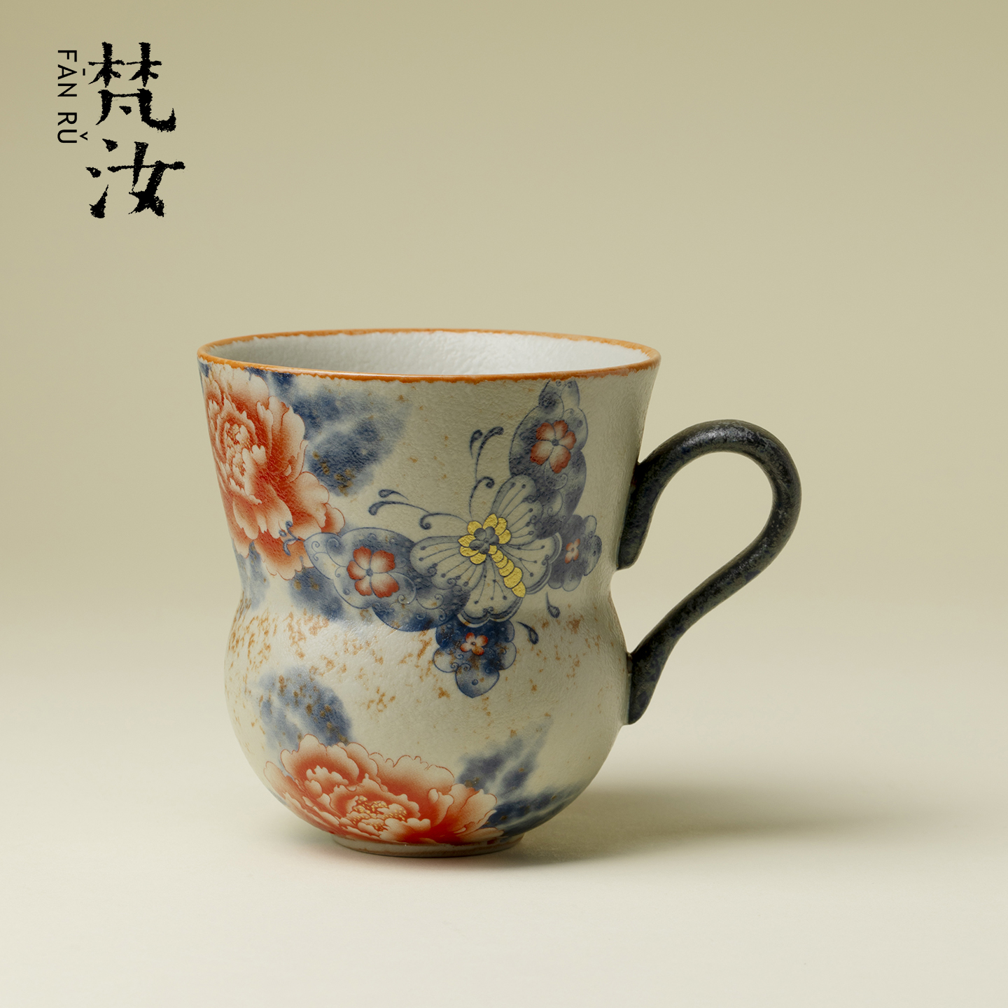 梵汝焦糖釉蝶戏牡丹咖啡杯复古青花手绘办公水杯茶杯创意陶瓷单杯