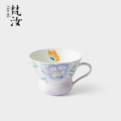 梵汝手绘牡丹花陶瓷单耳杯创意手工富贵吉祥主人杯品茗杯功夫茶具