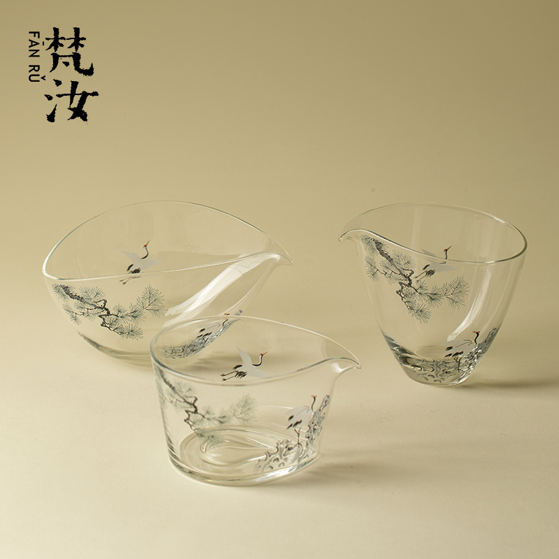 梵汝精致手工玻璃公道杯日式墨彩松鹤分茶器高端透明功夫茶具茶海