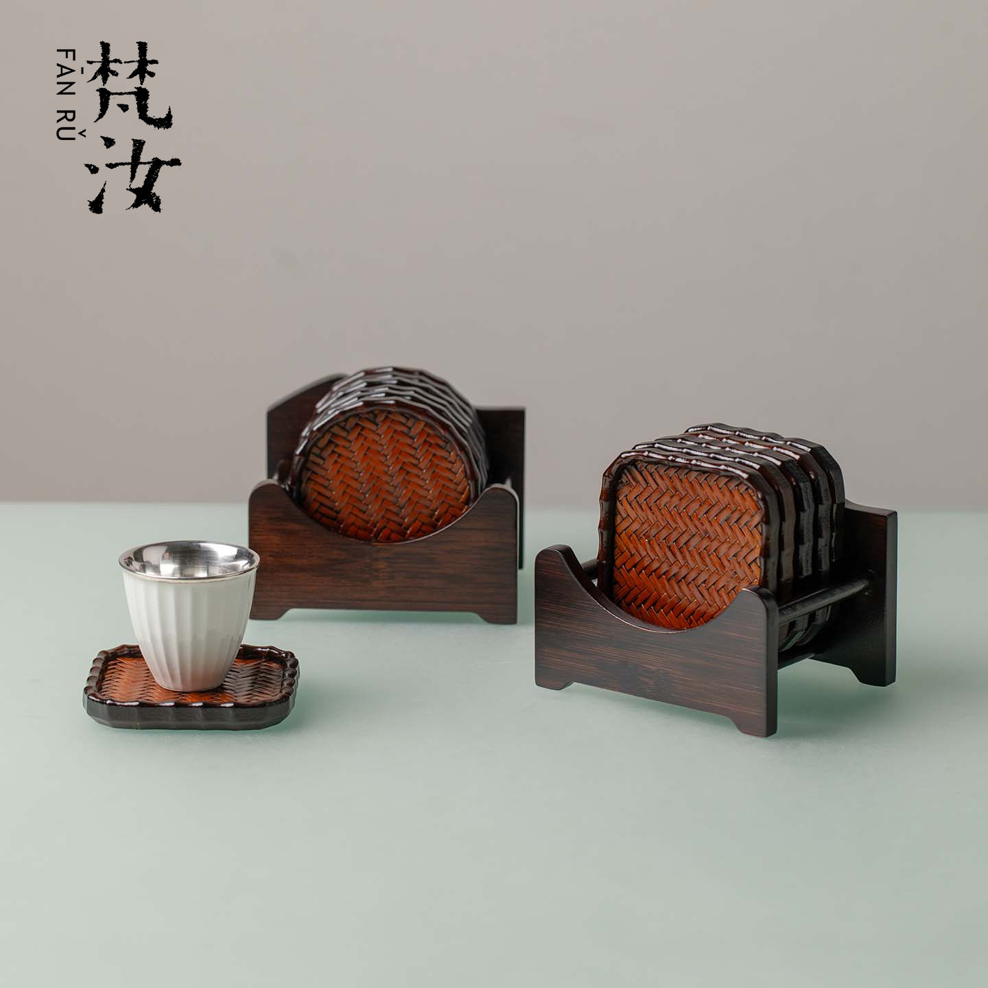梵汝天然楠竹手工竹编杯垫组杯垫隔热防滑垫高档轻奢精致茶道配件