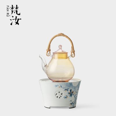 梵汝璃影耐高温玻璃黄色提梁壶手绘竹林禾风电陶炉家用煮茶炉套装