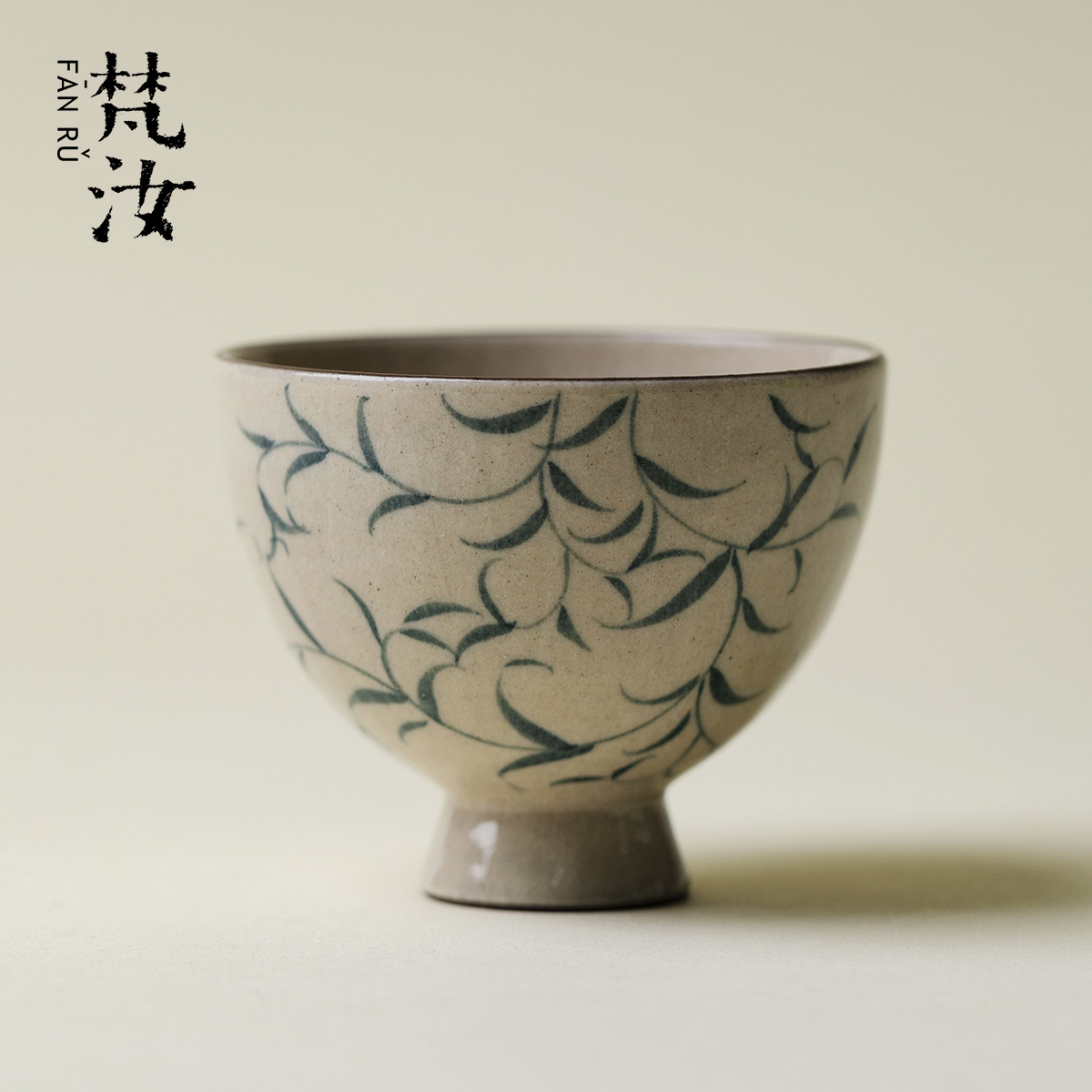 梵汝青花手绘春芽青悠日式粗陶高足杯主人杯手功夫茶品茗杯个人杯