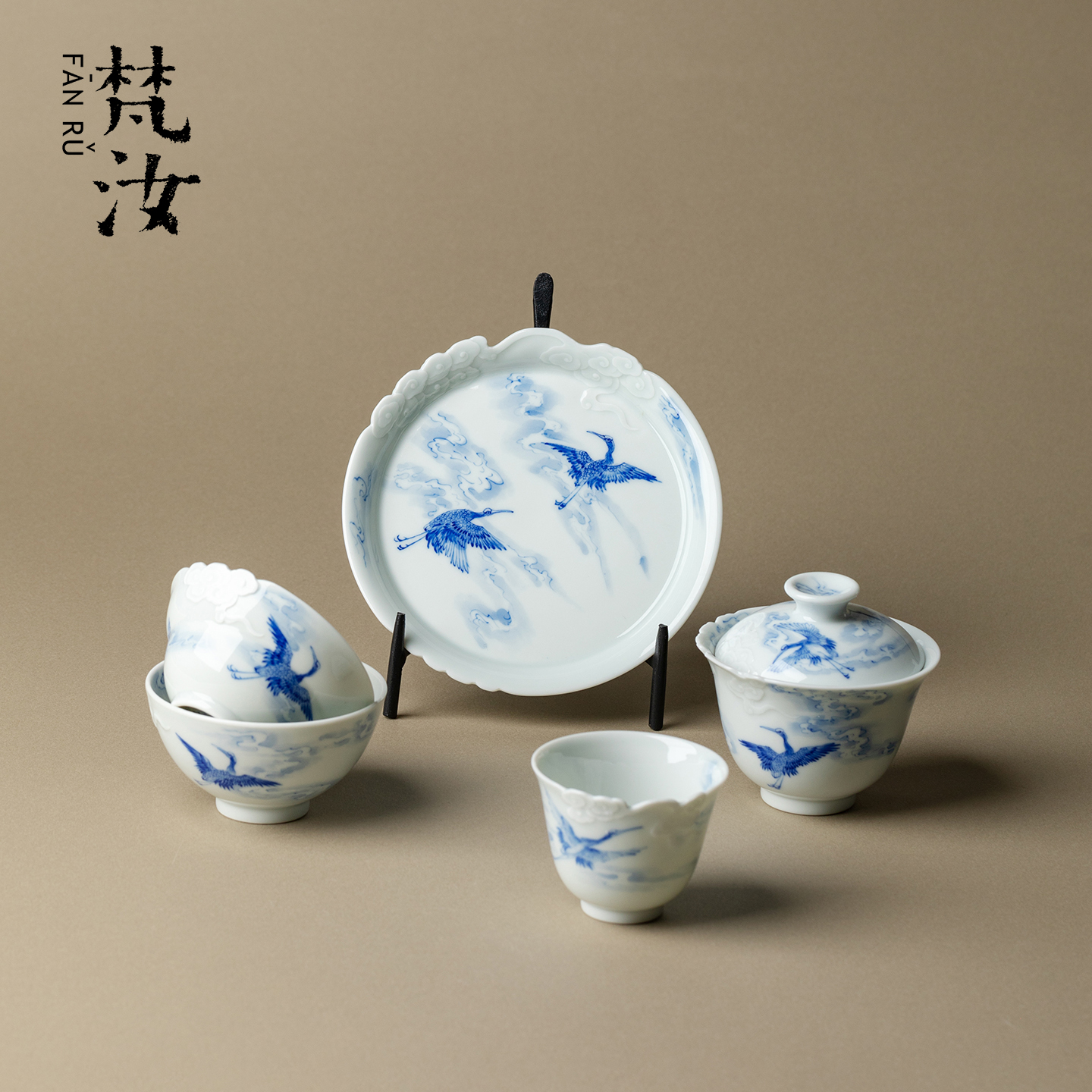 景德镇全手工雕刻云鹤盖碗