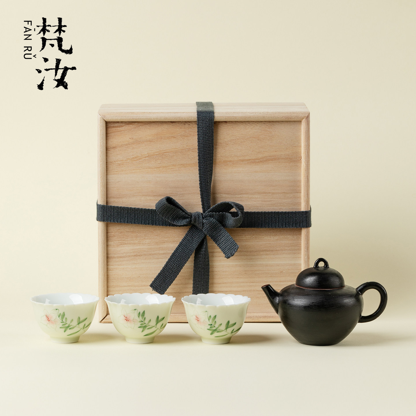梵汝 诧寂黑洒金茶壶礼盒套装整套一壶三杯手绘茶杯木盒功夫茶具