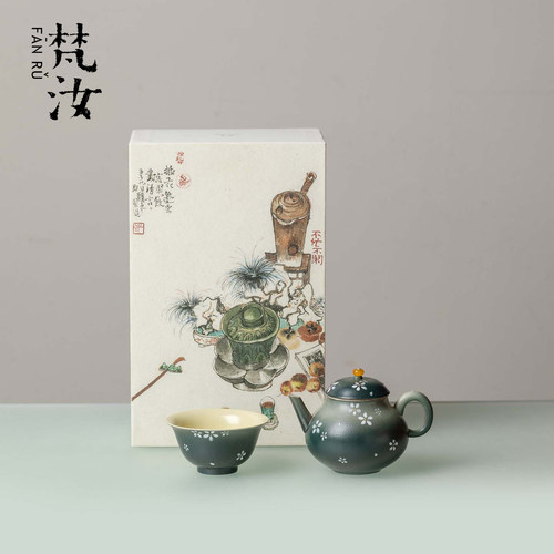 梵汝墨苔手绘碎白花一壶一杯礼盒小套装复古陶瓷茶壶茶杯茶具礼品