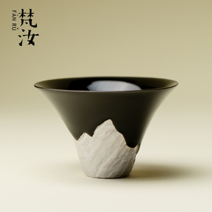 梵汝墨银观山斗笠茶杯新中式鎏银撇口品茗杯高端陶瓷个人专用单杯