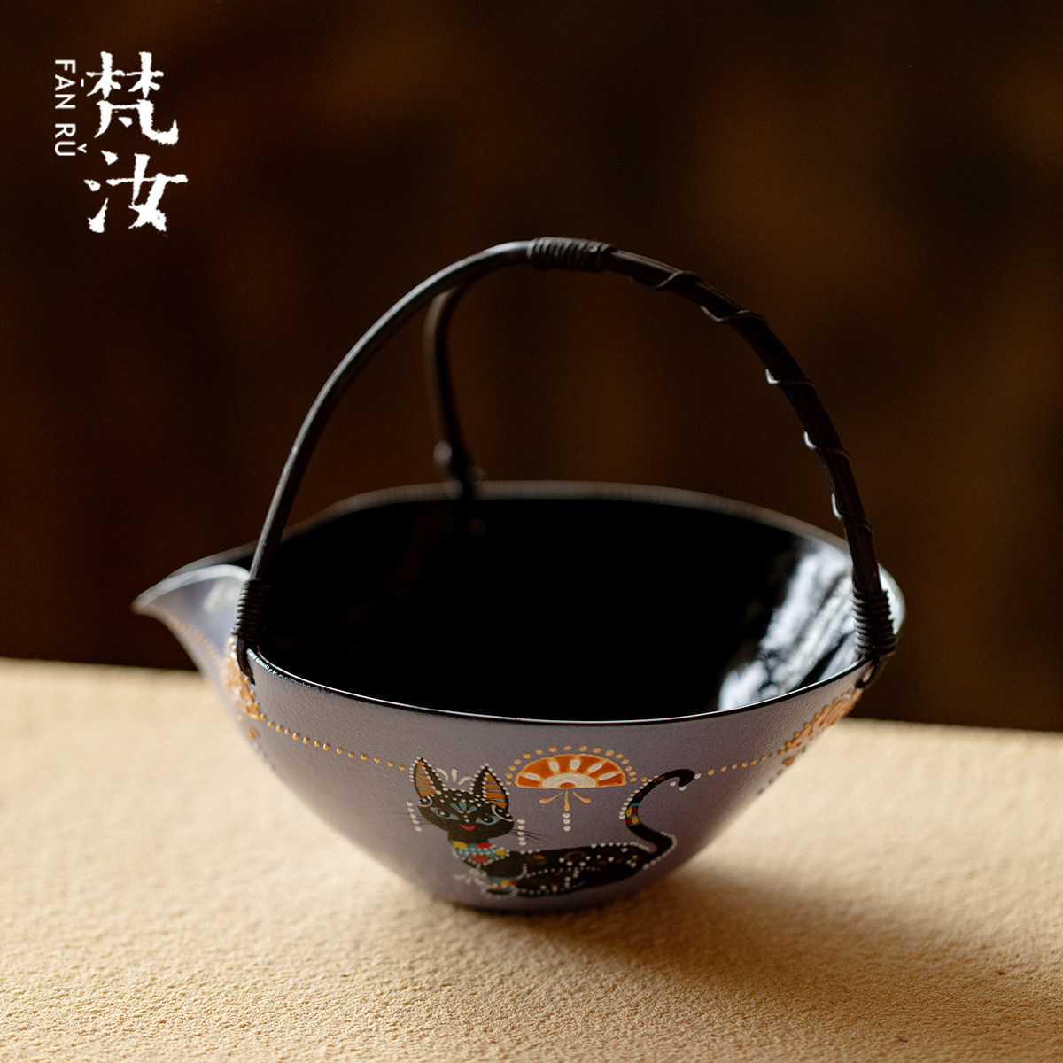 梵汝手绘星芒喵影提梁公道杯日式粉彩手工分茶器原创茶杯大号茶海