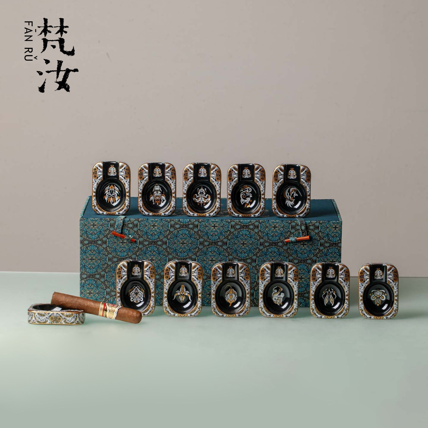梵汝 陶瓷手工缠纹雅叙十二生肖方池雪茄缸烟灰缸创意轻奢礼盒装