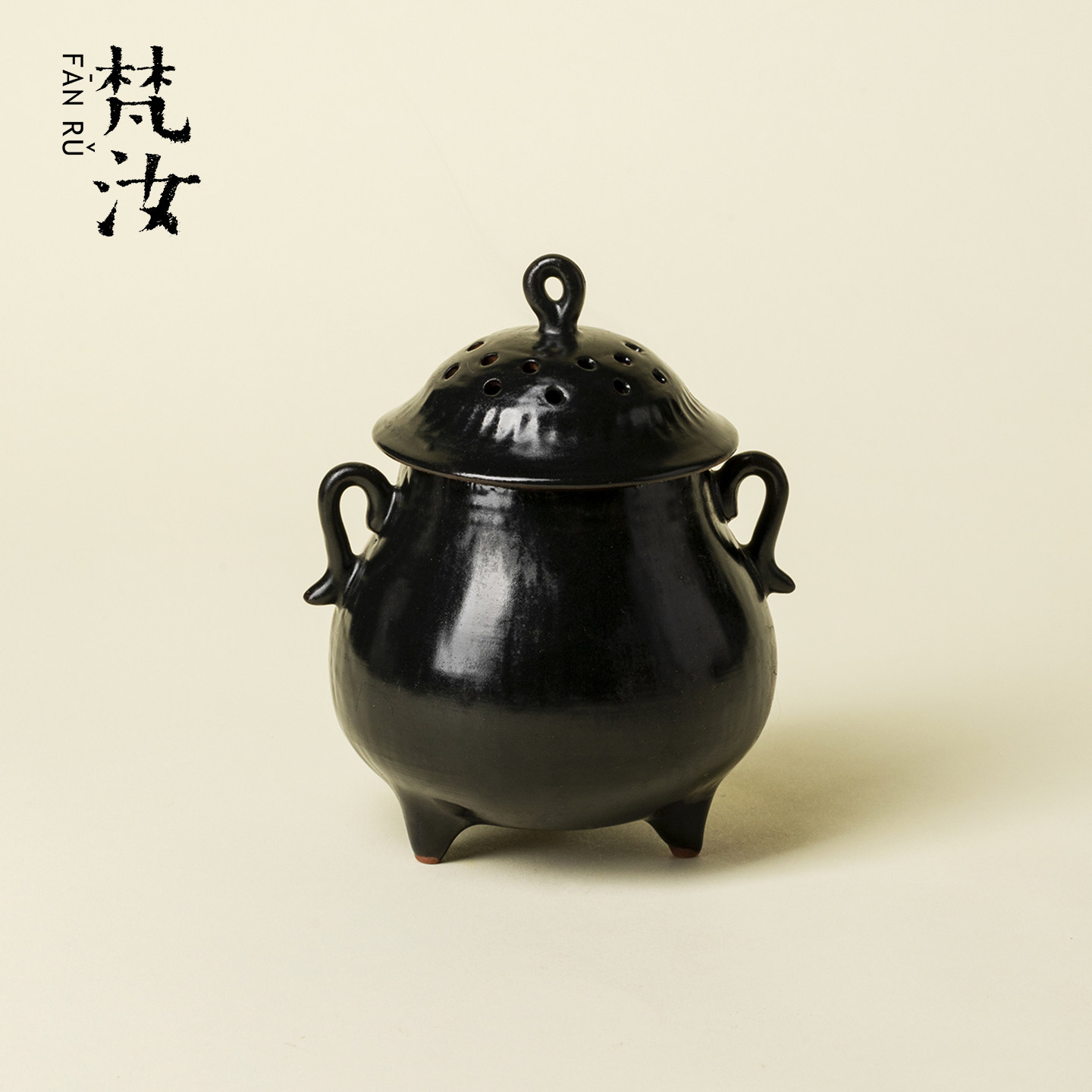 梵汝 粗陶诧寂黑空弦香炉复古陶艺家用三足熏香炉室内沉香檀香炉
