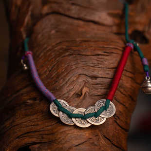 中国风道家999足银53g 银铃铛 五帝钱纯银铜钱项链 五福临门