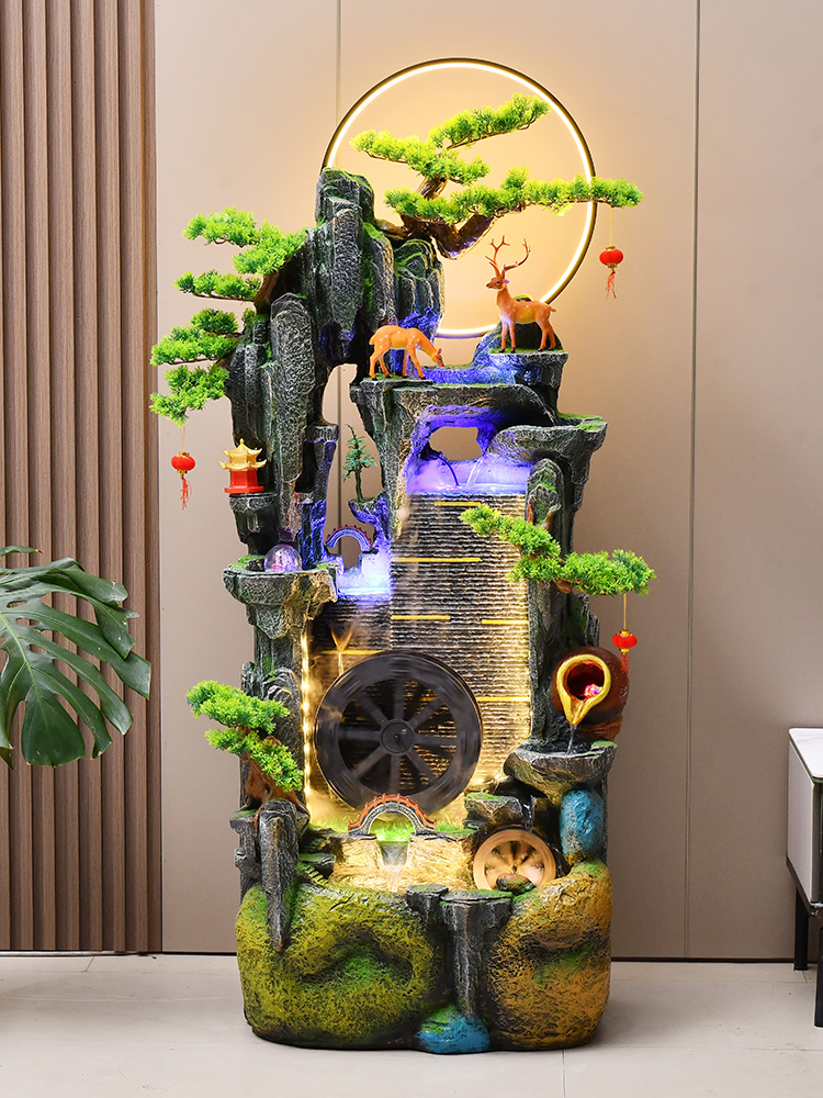 高山流水摆件循环水落地风水轮客厅财运假山水景喷泉水幕墙开业仪