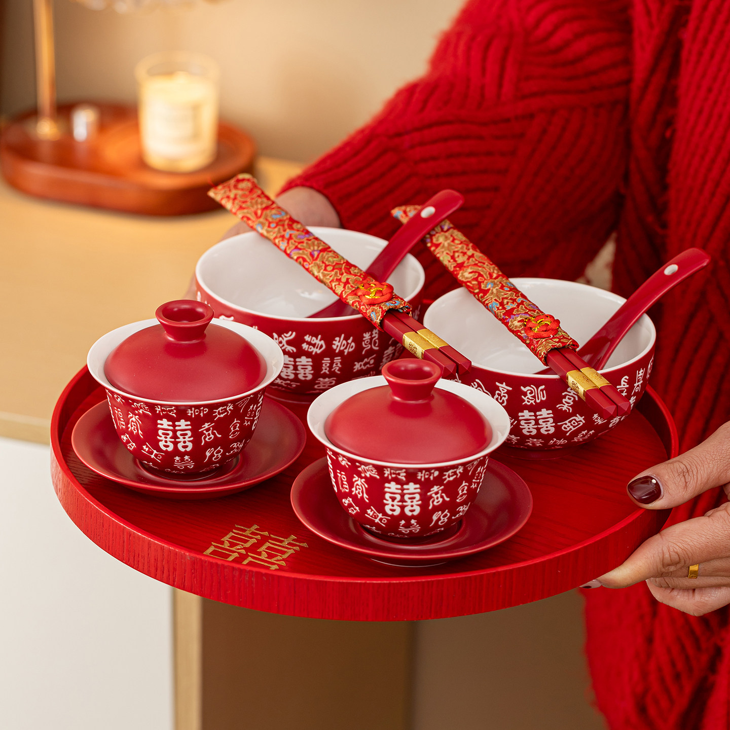 如伊结婚改口敬茶杯茶碗茶具套组女方陪嫁红色喜碗筷新娘订婚盖碗
