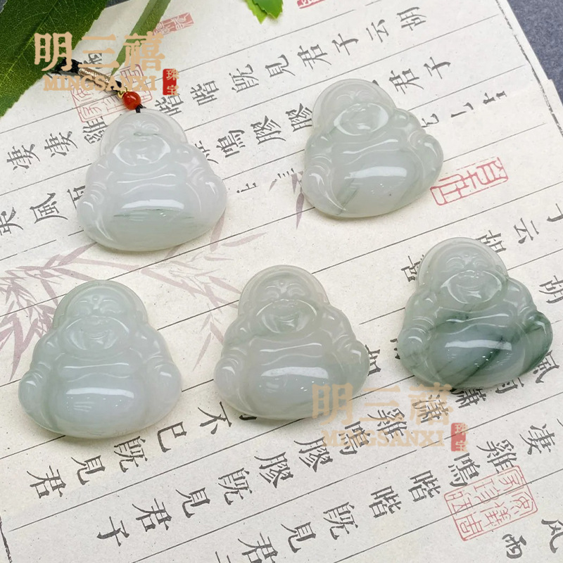 天然新疆玉弥勒佛飘绿挂件天山翠佛公吊坠笑佛挂件项链颈饰