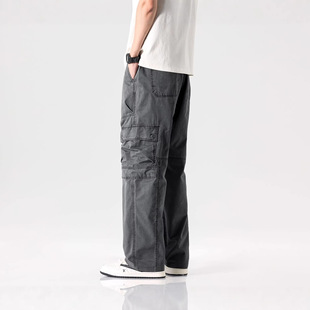 # 美式纯棉阔腿直筒工装裤 - 四色黑色深灰色卡其色绿色新款长裤