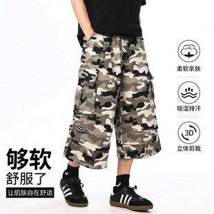 美式复古迷彩工装牛仔短裤男女款潮牌宽松直筒休闲夏季新款七分裤