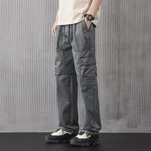 # 美式纯棉阔腿直筒工装裤 - 四色黑色深灰色卡其色绿色新款长裤