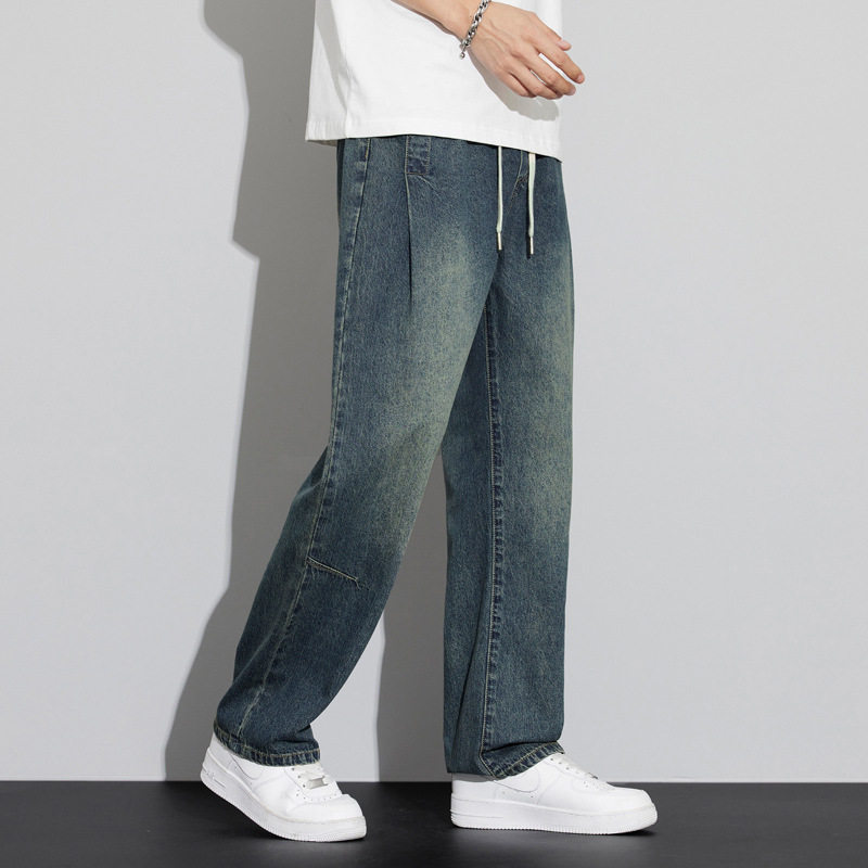 高端牛仔裤男款宽松直筒美式高街蓝色牛仔裤男生秋款潮牌复古长裤