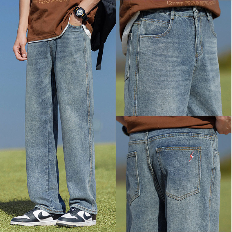 26年款男款牛仔裤宽松直筒春夏季简约休闲松紧腰长裤潮牌水洗长裤