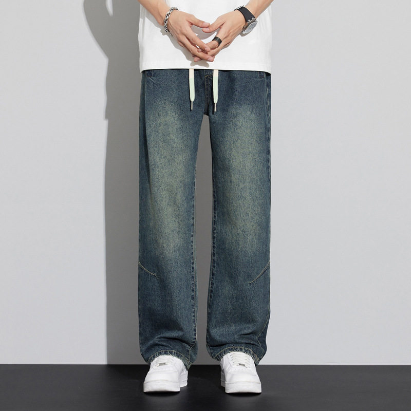 高端牛仔裤男款宽松直筒美式高街蓝色牛仔裤男生秋款潮牌复古长裤