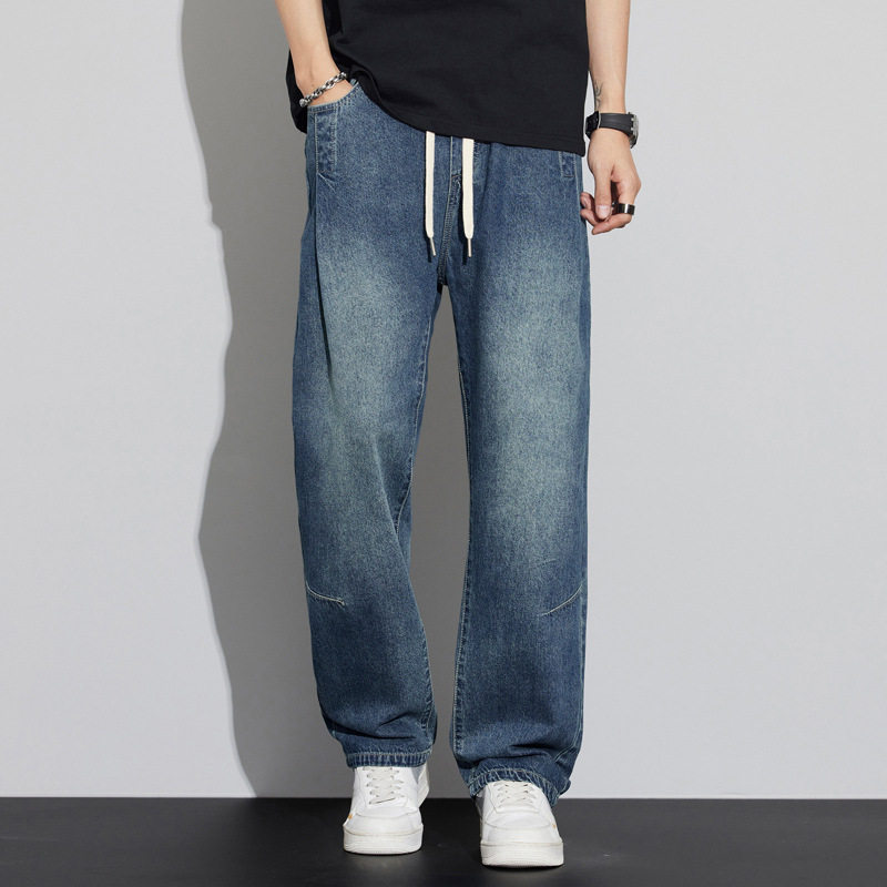 高端牛仔裤男款宽松直筒美式高街蓝色牛仔裤男生秋款潮牌复古长裤