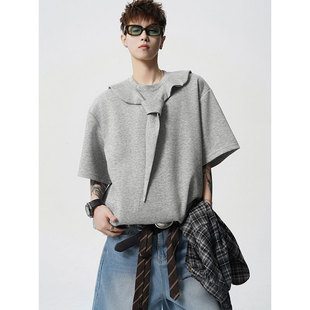 复古灰色披肩假两件套短袖T恤女美式上衣小个子宽松拼接潮慵懒风