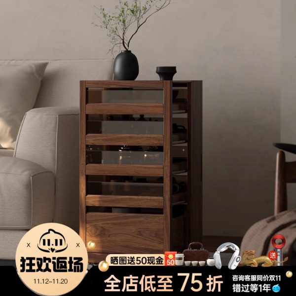 实木可移动沙发边柜客厅黑胡桃木展示柜茶桌煮茶茶台茶水柜
