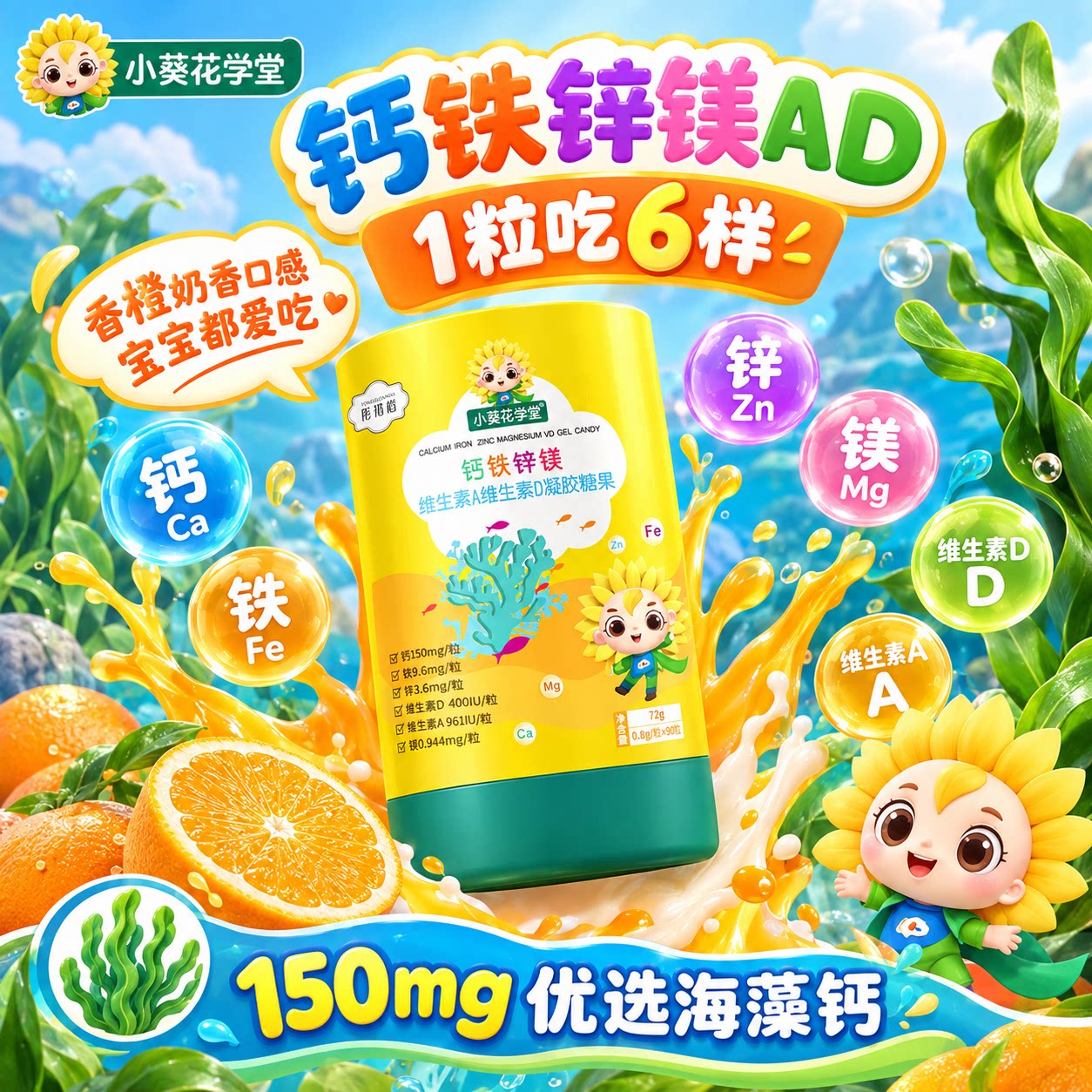 小葵花学堂儿童钙铁锌镁ad胶囊