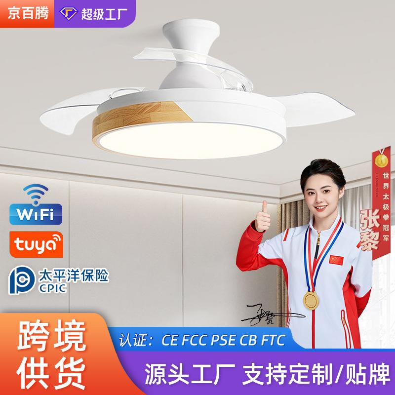 现代简约隐形风扇灯客厅智能变频餐厅吊扇灯马卡龙木纹吸顶电扇灯