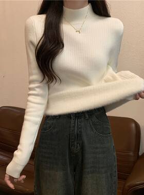 2026新款修身短款长袖针织衫秋冬半高领内搭加厚加绒毛衣女打底衫