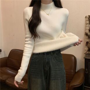 2026新款修身短款长袖针织衫秋冬半高领内搭加厚加绒毛衣女打底衫