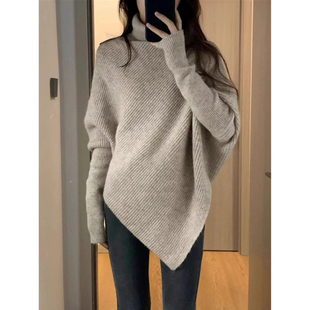 设计款不规则高领蝙蝠袖羊绒针织衫女秋冬宽松中长款毛衣翻领毛衫