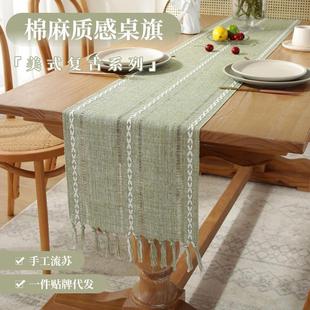 乡村圣诞餐桌布桌巾 跨境亚马逊纯色手工编织镂空流苏桌旗家用美式