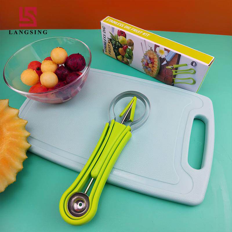 三合一水果雕花刀水果挖球器多功能水果拼盘工具不锈钢西瓜挖球勺