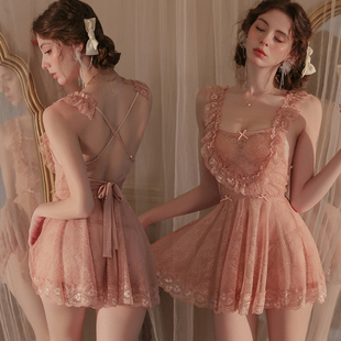 qqny性感纯欲风情调内衣睡衣新款高级感蕾丝诱惑透视免脱睡裙套装