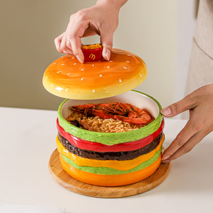 创意卡通汉堡泡面碗带盖家用大容量拉面螺蛳粉碗陶瓷高温饭汤餐具