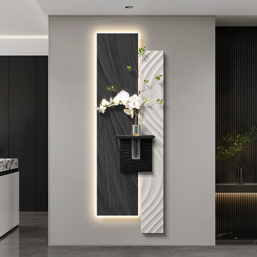 花瓶水培绿植装饰画简约侘寂风入户玄关挂画立体砂岩黑白走廊壁画