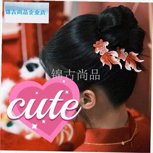 国风刺绣红色锦鲤发夹古风儿童发卡头饰金N鱼侧边夹少女夹子发饰.