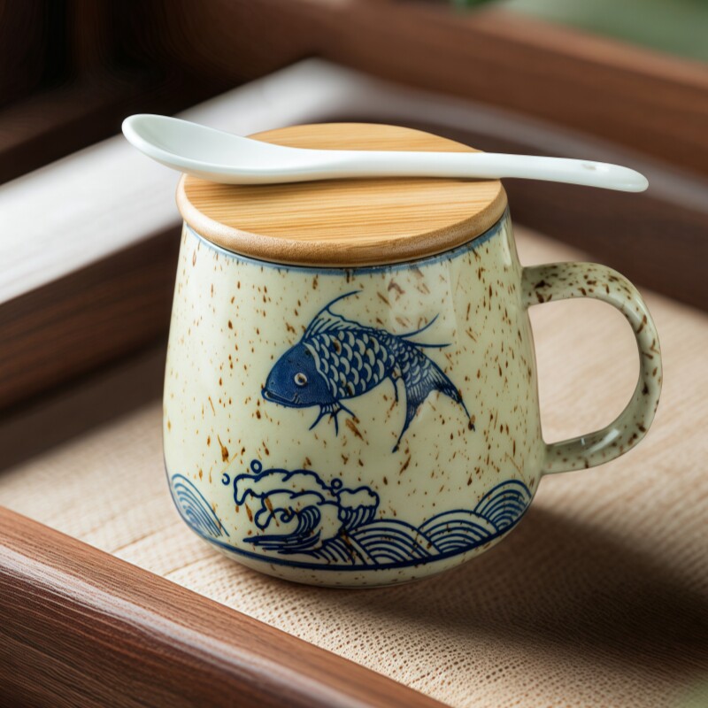 中式陶瓷杯子复古咖啡杯带盖勺图片