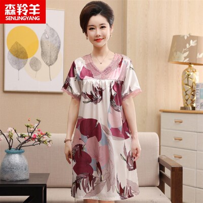 妈妈睡裙女士睡衣裙子夏季薄款丝绸短袖夏天中长款加大码连衣裙子