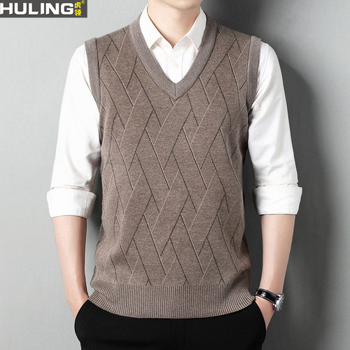 加厚秋冬背心爸爸装男士V领套头条纹针织马甲无袖V领保暖男装