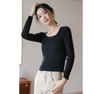 加绒白色方领打底衫女2024秋冬内搭短款加厚针织毛衣低领修身上衣