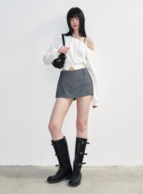 NS76春季新款白色露肩斜肩不对称露肩长袖卫衣短款露脐开叉女上衣