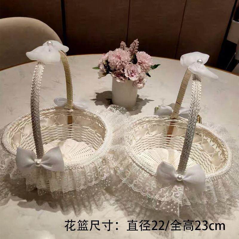 花童撒花篮结婚伴娘手提藤编篮子婚礼蝴蝶结花瓣篮子儿童跳舞花篮