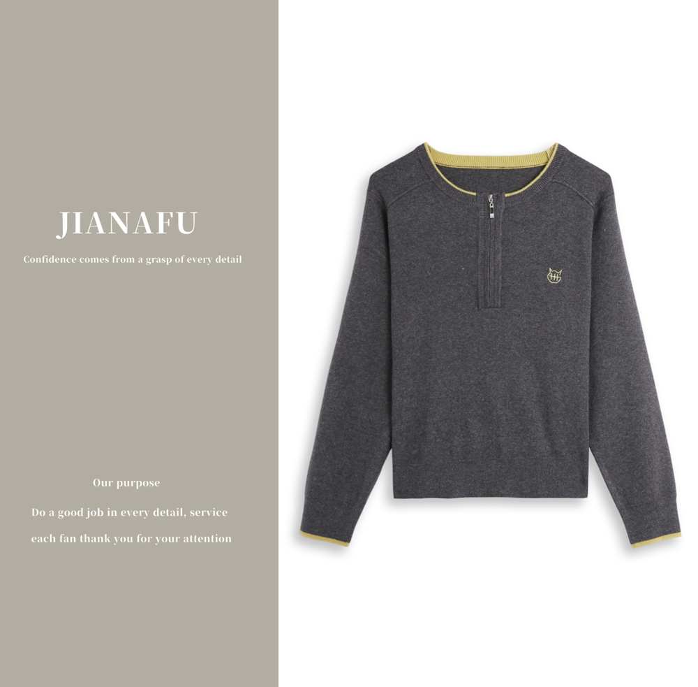 迦纳芙/JIANAFU 圆领拼色拉链长袖针织衫毛衣女