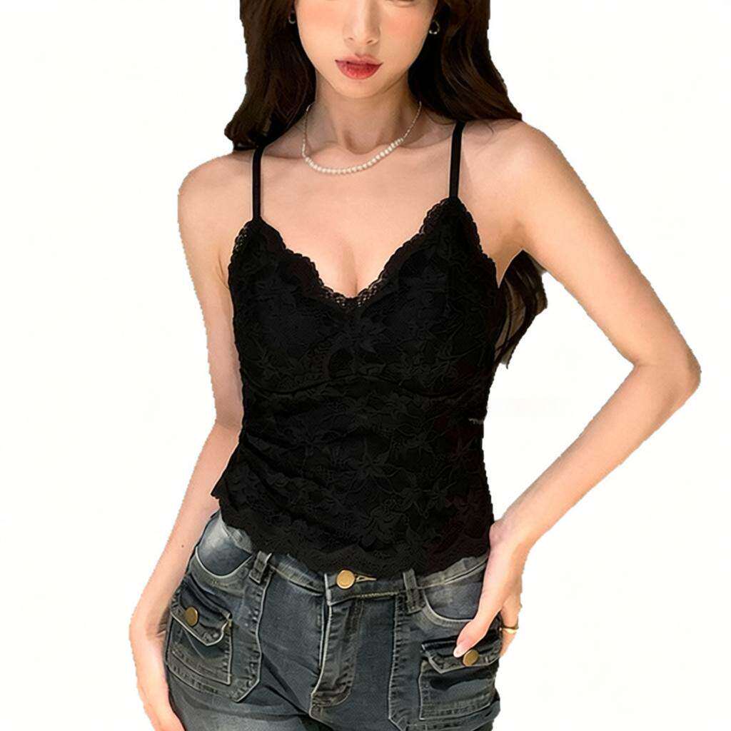 纯欲风蕾丝吊带背心带胸垫一体内衣法式美背新款性感无痕修身打底