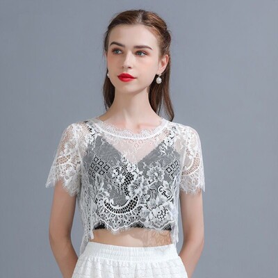 网纱上衣无袖遮手臂神器夏季蕾丝罩衫内搭女高级感半截打底衫短款