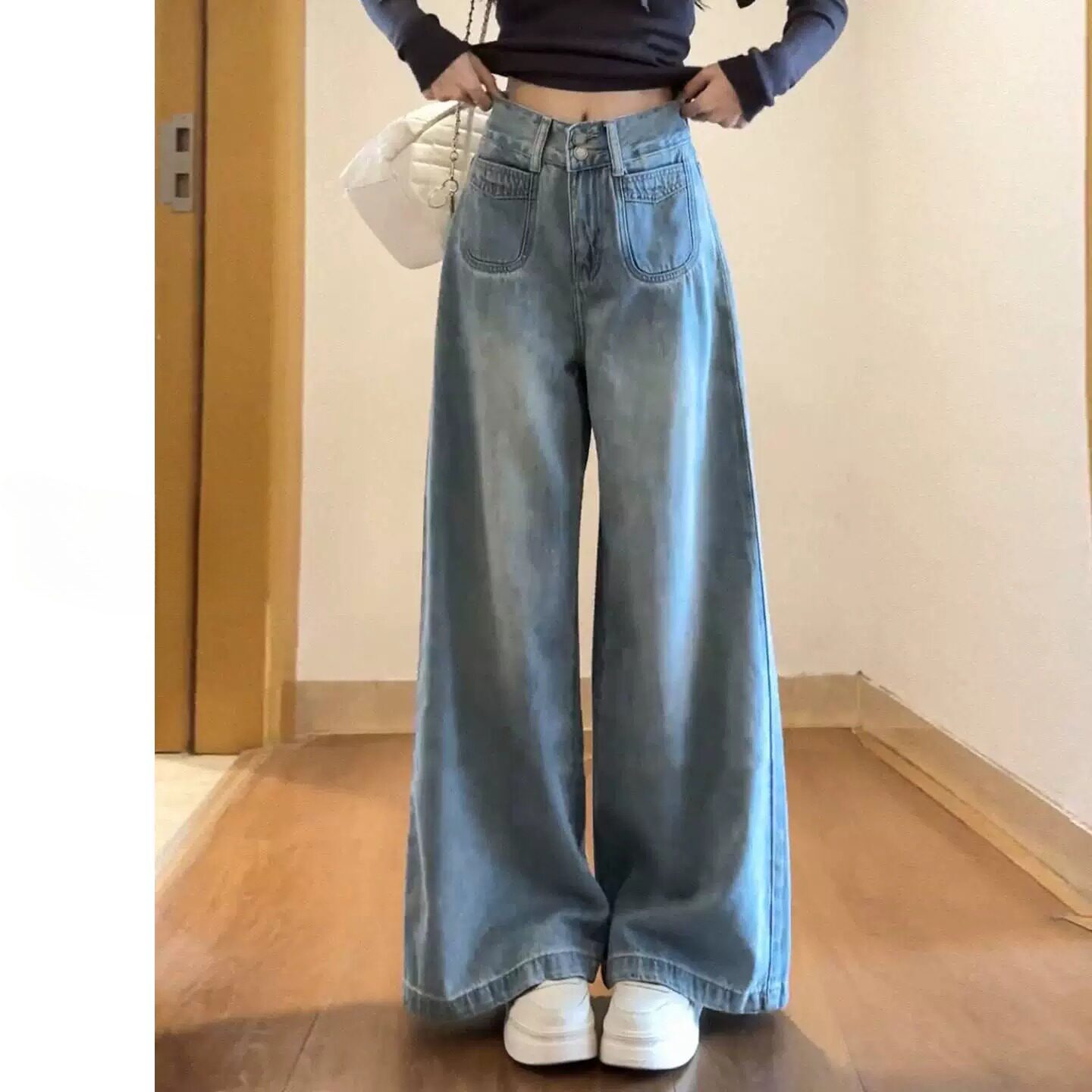 高腰阔腿牛仔裤大码女春夏新款梨形身材胖mm粗腿宽松拖地显瘦裤子
